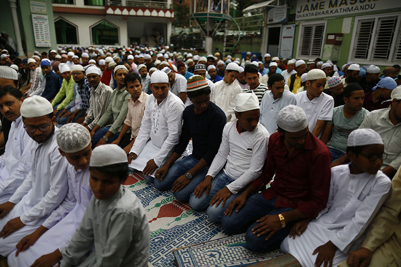 Nepali Muslims offer prayers during Eid al-Fitr festival at Jame Mosque, in Kathmandu, on Saturday, June 16, 2018. Photo: Skanda Gautam