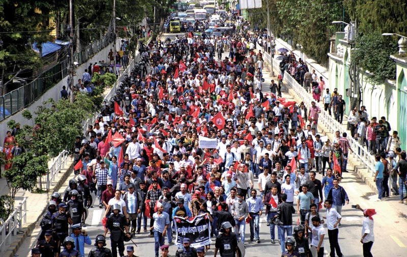 Nepal Students Union cadres taking out a rally to protest hike in prices of petroleum products, in Kathmandu, on Sunday, June 10, 2018. Photo: THT