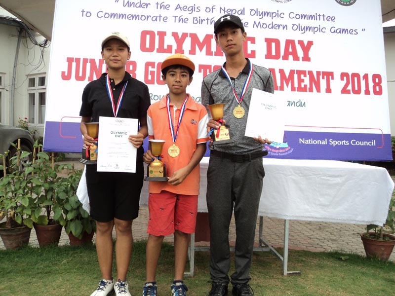Winners of the Nepal Olympic Day Junior Golf Tournament at the Royal Nepal Golf Club in Kathmandu on Saturday, June 23, 2018. Photo: THT