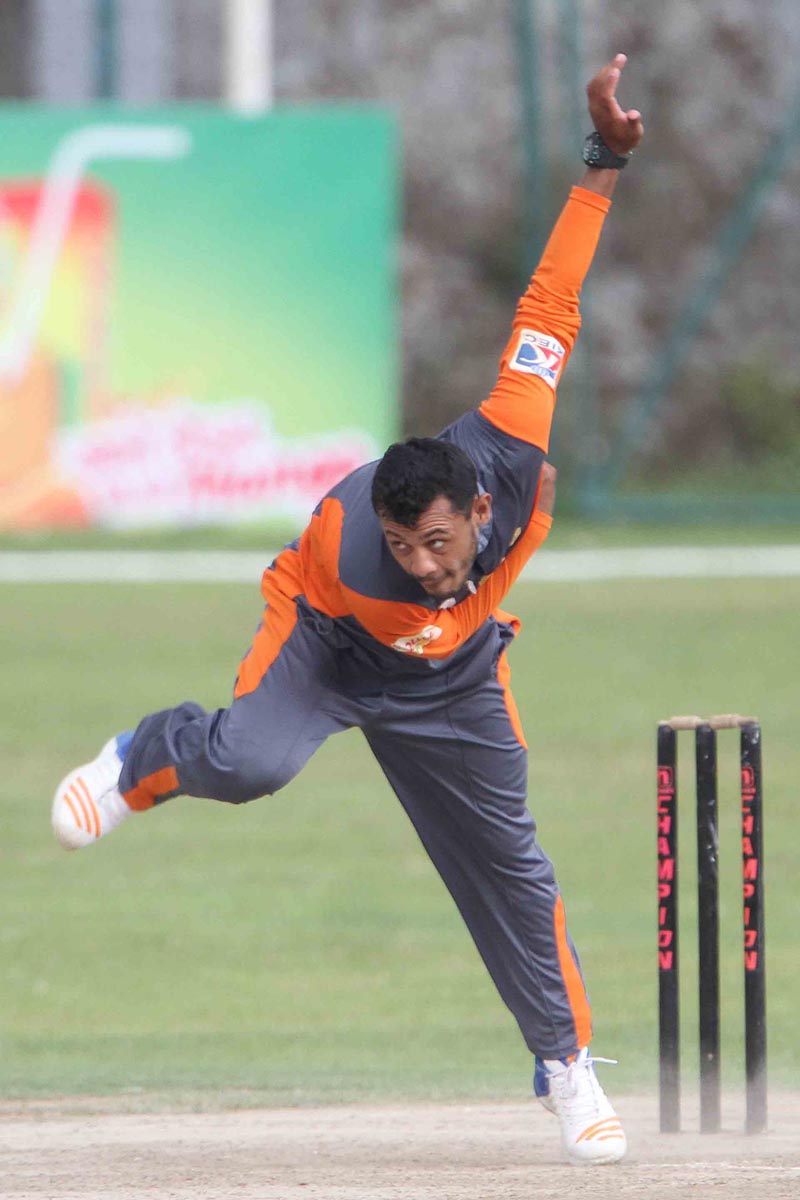 Amar Singh Routela of Nepal APF Club bowls agianst Nepal Police Club in semi-final match of PM Cup Cricket Tournament at TU Cricket Stadium in Kathmandu on Saturday, June 9, 2018. Photo: THT