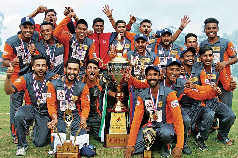 APF team members celebrate after winning the PM Cup One Day Cricket Tournament at the TU Stadium on Monday. Photo: Udipt Singh Chhetry/ THT
