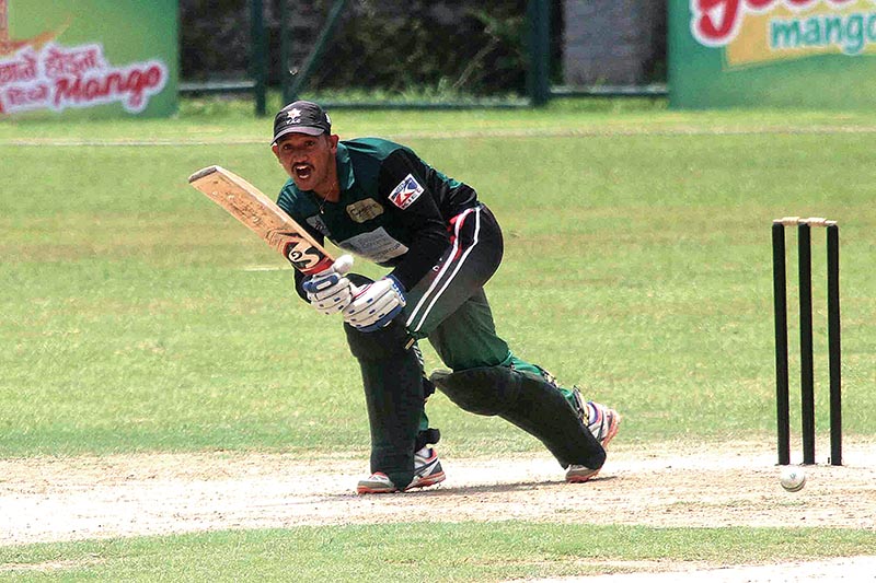 Raju Rijal of Tribhuvan Army Club bats against Province 2 during their Prime Minister Cup One Day Cricket Tournament match at the TU Stadium in Kathmandu on Thursday. Photo: Udipt Singh Chhetry/ THT