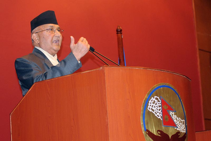 Prime Minister KP Sharma Oli addressing the National Assembly before leaving for a five-day visit to China, in Kathmandu, on Monday, June 18, 2018. Photo: THT