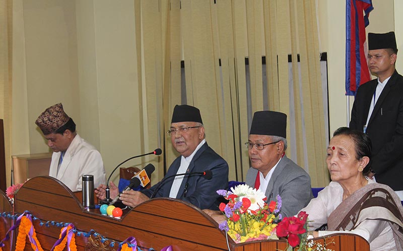 Prime Minister KP Sharma Oli addressing the Provincial Assembly of Province 3, in Hetauda, on Monday, June 4, 2018. Photo: THT
