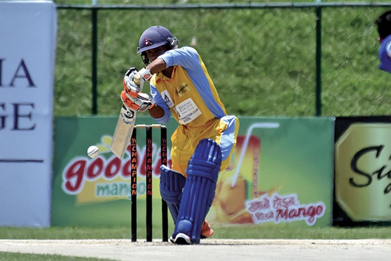 Shankar Rana of Province5 bats against Province6 during their Prime Minister Cup One Day Cricket Tournament match at the TU Stadium in Kathmandu on Sunday. Photo: Naresh Shrestha/ THT