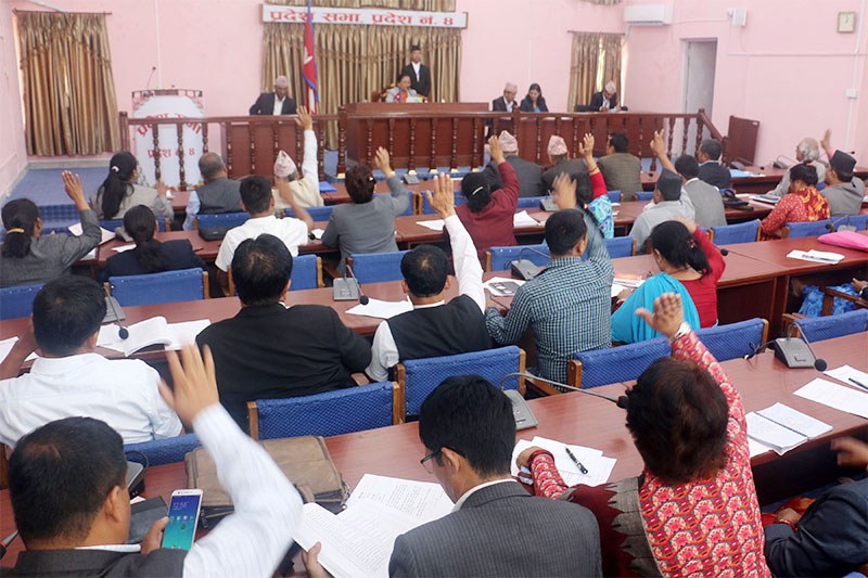 Province 4 State Assembly members raise hands in favour of the bill for the implementation of the economic proposal in Pokhara, on Tuesday, June 19, 2018. Photo: RSS