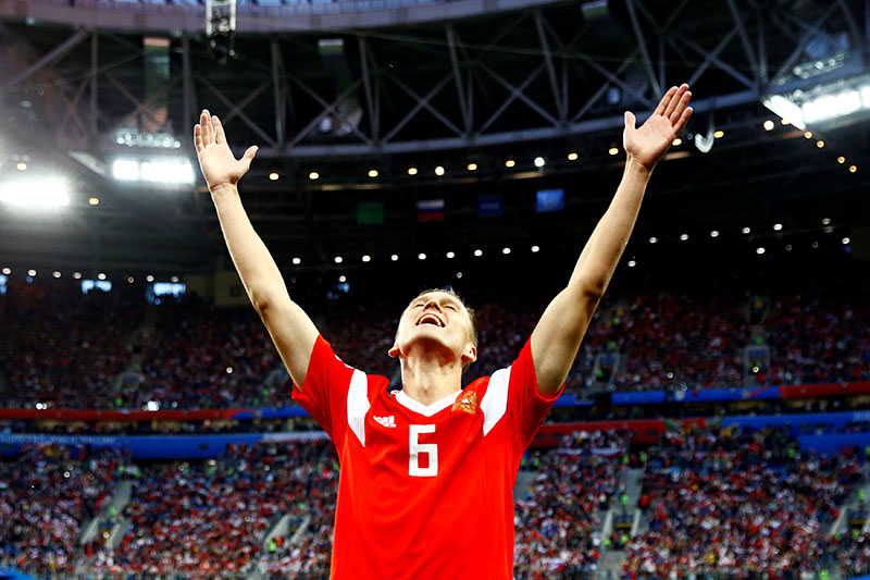 Russia's Denis Cheryshev celebrates scoring their second goal during the World Cup Group A match between Russia and Egypt, at Saint Petersburg Stadium, in Saint Petersburg, Russia, on June 19, 2018. Photo: Reuters
