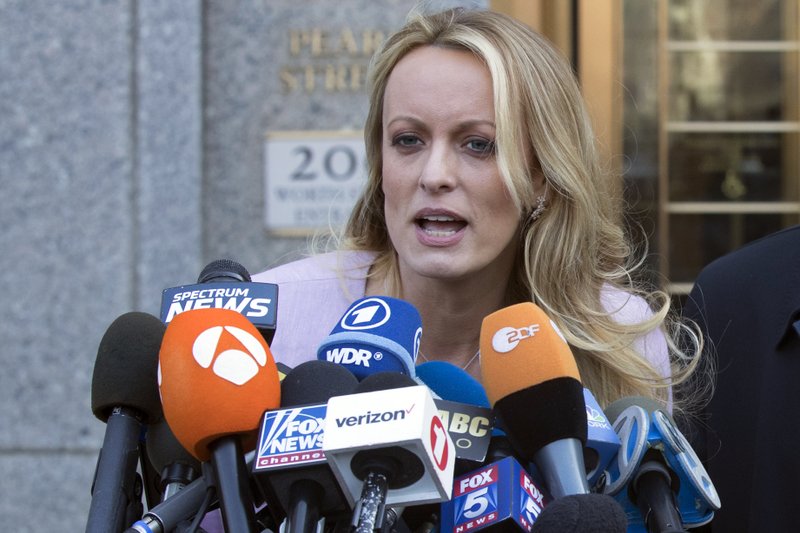 File - In this photo, adult film actress Stormy Daniels speaks outside federal court, in New York on April 16, 2018. Photo: AP