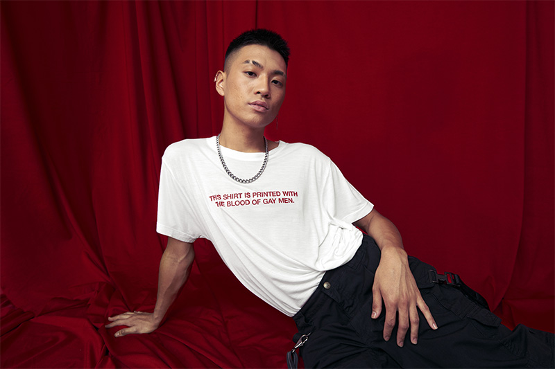A model wears a t-shirt printed with the blood of gay employees at global advertising agency Mother to protest against a US ban on gay men donating blood within a year of having sex. Picture taken June 11, 2018. Photo: DiChen Chen / Mother via Reuters