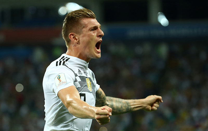 Germany's Toni Kroos celebrates scoring their second goal during the World Cup Group F match between Germany and Sweden, at Fisht Stadium, Sochi, Russia, on June 23, 2018. Photo: Reuters