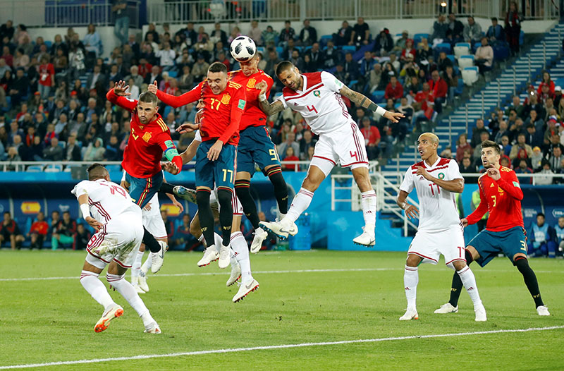 Morocco's Manuel da Costa in action with Spain's Iago Aspas, Sergio Ramos and Rodrigo Moreno during the World Cup Group B match between Spain and Morocco, at Kaliningrad Stadium, in Kaliningrad, Russia, on June 25, 2018. Photo: Reuters