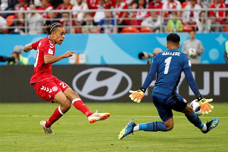 Denmark's Yussuf Poulsen scores their first goal during World Cup Group C match between Peru and Denmark, at Mordovia Arena, in Saransk, Russia, on June 16, 2018. Photo: Reuters