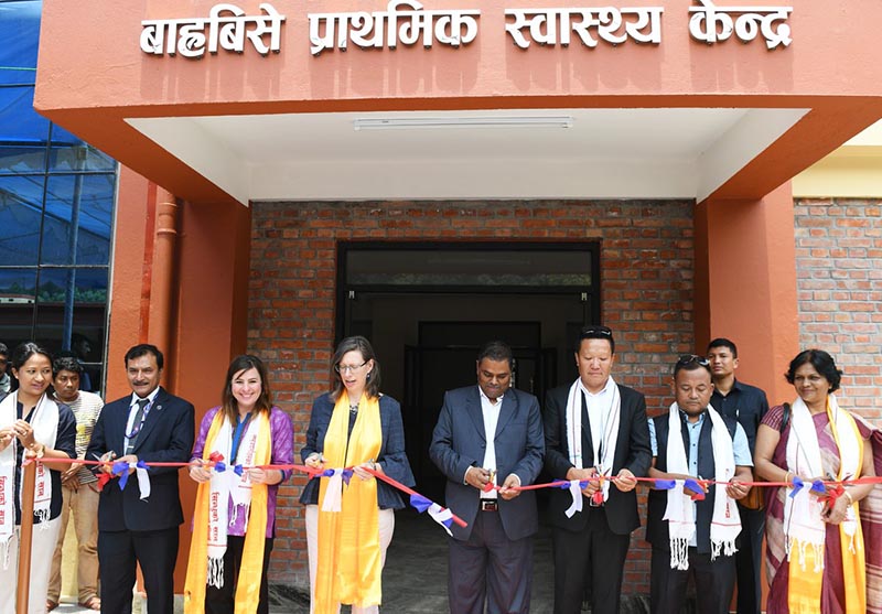 US Ambassador to Nepal Alaina B Teplitz and Minister for Health and Population Upendra Yadav jointly inaugurates the newly-reconstructed Bahrabise Primary Healthcare Centre in Sindhupalchowk on Wednesday, June 13, 2018. Photo: Alaina B Teplitz Twitter