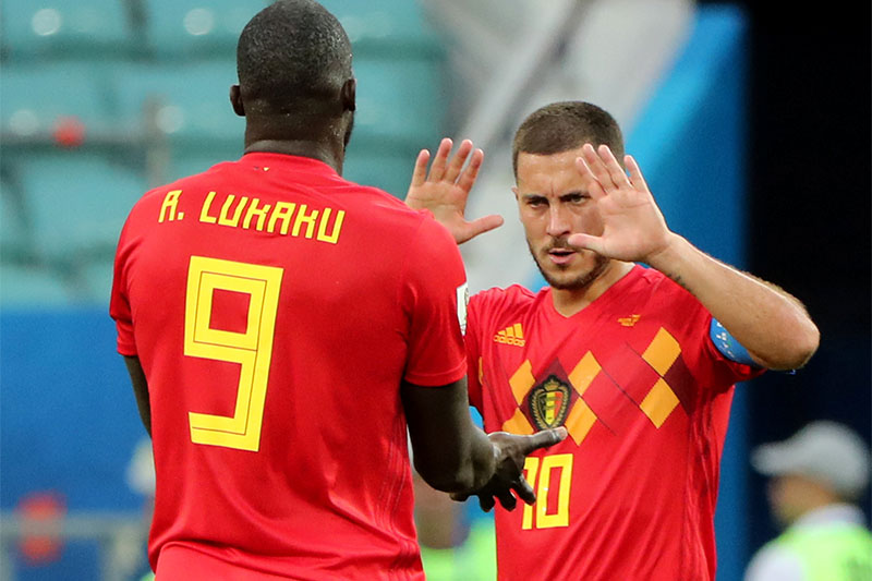 Belgium's Eden Hazard and Romelu Lukaku celebrate after the match in the  World Cup against Panama at Fisht Stadium, Sochi, Russia on June 18, 2018. Photo:Reuters
