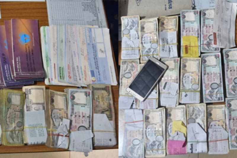 Police displaying seized bank notes along with other documents at the Metropolitan Crime Division in Kathmandu, on Monday, June 04, 2018. Courtesy: MCD