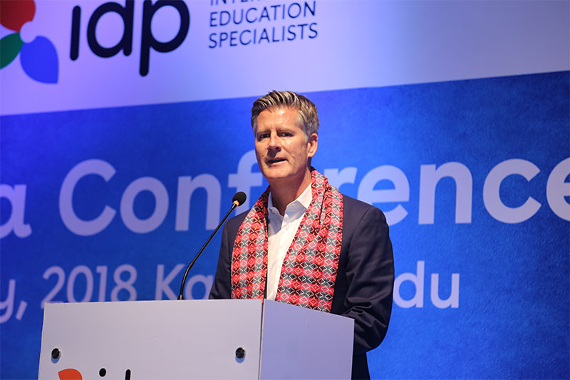 IDP Education CEO Andrew Barkla speaking to media in Kathmandu. Courtesy: IDP Education