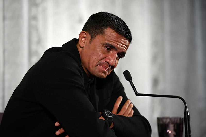 Socceroos player Tim Cahill speaks to the media after announcing his retirement from Australian representative football, in Sydney, Australia, July 20, 2018. Photo: AAP via Reuters
