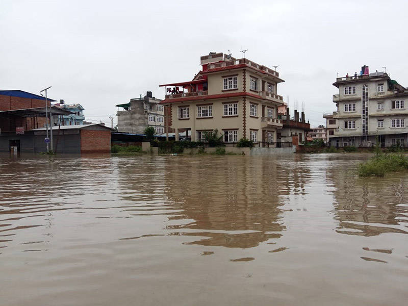 Residential area under inundation, in Bhaktapur, on Thursday, July 12, 2018. Photo: Ujjwal Satyal/THT