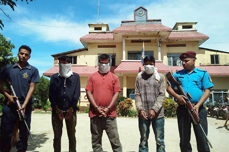 Gang-rape accused made public at the Garuda Area Police Office in Rautahat district. Photo: Prabhat Kumar Jha