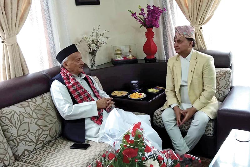 Defence Minister Ishwor Pokhrel and Bhagat Singh Koshiyari, coordinator of the Eminent Persons Group on Nepal-India relations from India, holding a meeting, in Kathmandu, on Sunday, July 1, 2018. Photo: THT
