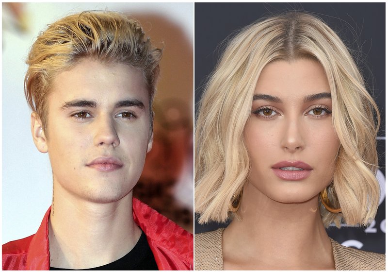 This combination photo shows singer Justin Bieber at the Cannes festival palace in Cannes, southeastern France on Nov. 7, 2015, left, and model Hailey Baldwin at the Billboard Music Awards in Las Vegas on May 20, 2018. Photo: AP