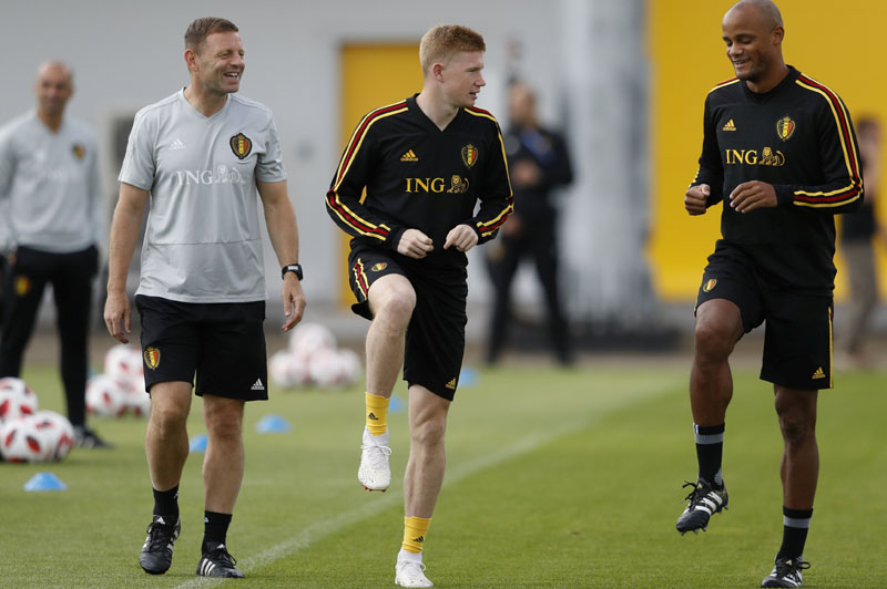 FILE PHOTO: Belgium's Vincent Kompany (R) and Kevin De Bruyne attend a training session at Dedovsk, Moscow Region, Russia - July 5, 2018. REUTERS/Sergei Karpukhin/File Photo