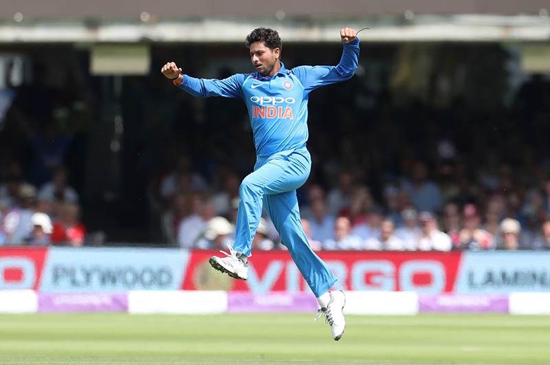 India's Kuldeep Yadav celebrates taking the wicket of England's Jason Roy. Photo: Reuters