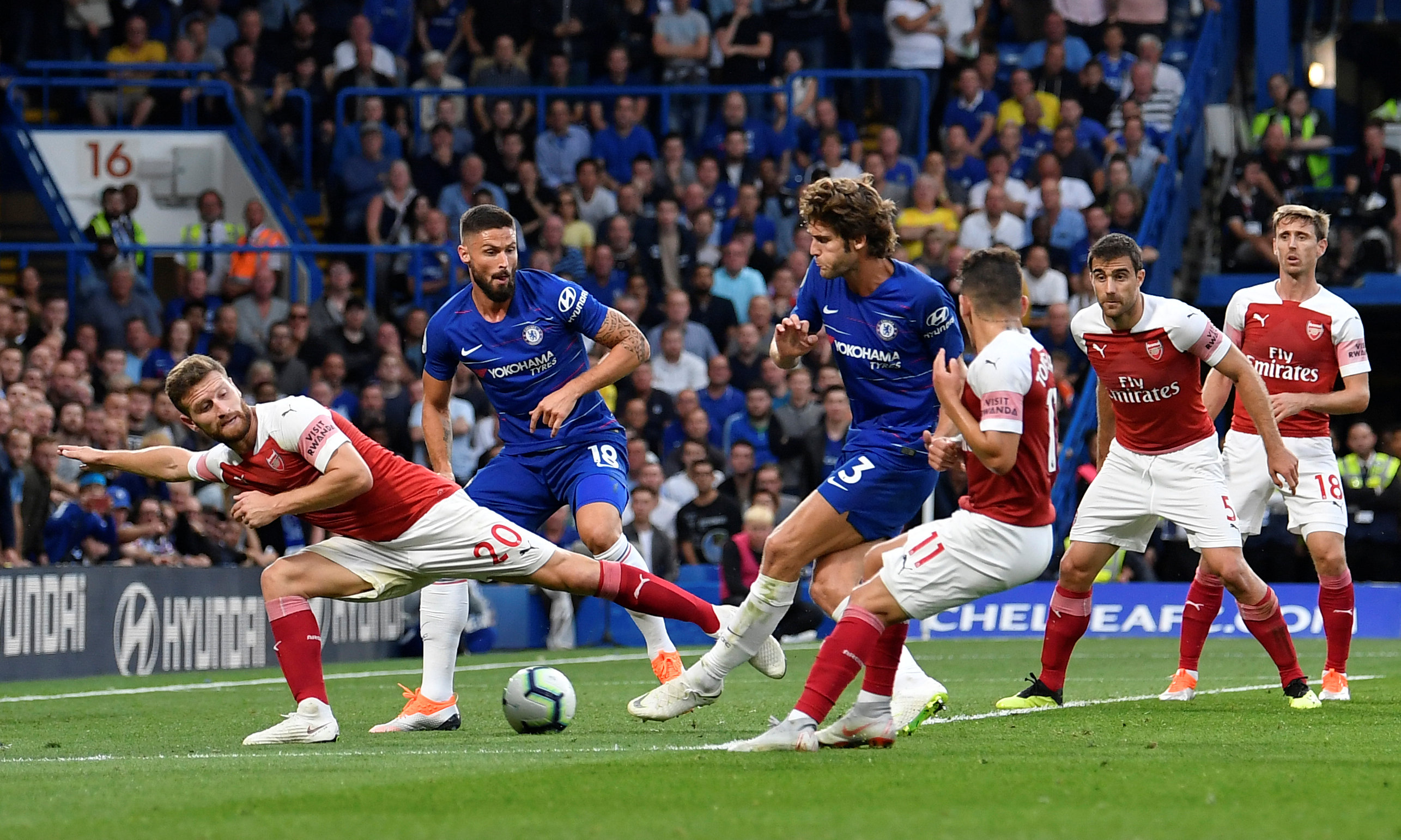 Soccer Football - Premier League - Chelsea v Arsenal - Stamford Bridge, London, Britain - August 18, 2018  Chelsea's Marcos Alonso scores their third goal. Photo:Reuters