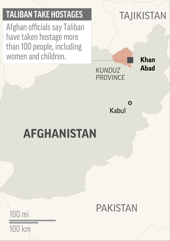 Map locates Khan Abad in Afghanistan, where Taliban fighters took at least 100 people hostage; 1c x 2 inches; 46.5 mm x 50 mm; Photo: APn