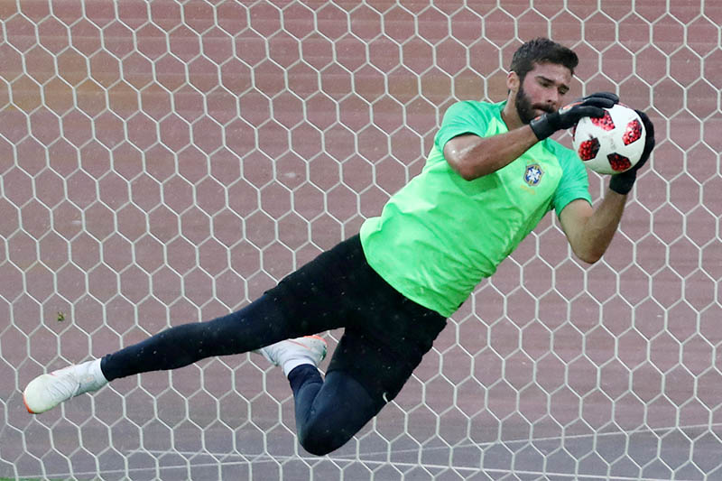 Brazil's Alisson during training. Photo: Reuters