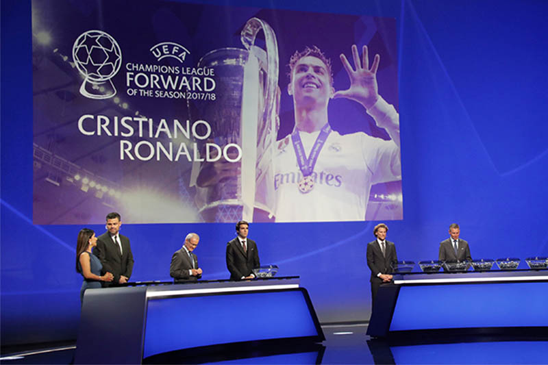 General view during the draw as Cristiano Ronaldo is shown on the big screen having won the UEFA Champions League Forward of the Season award. Photo: Reuters