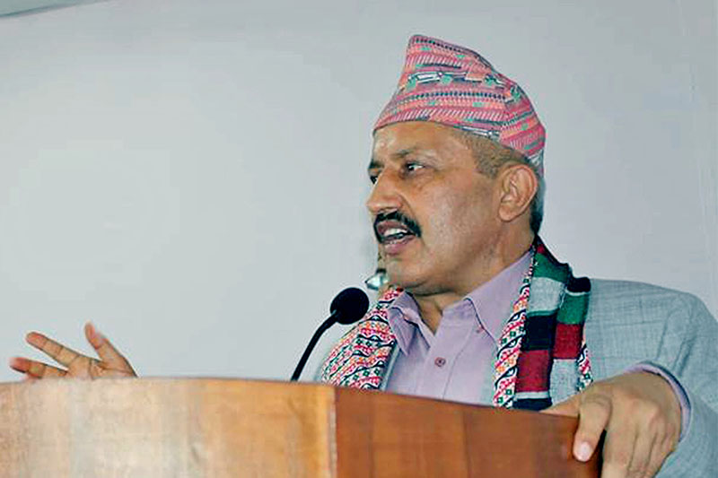 Minister for Education, Science and Technology, Giriraj Mani Pokhrel addressing the 58th-anniversary celebration of Ratna Rajya Laxmi Campus in Kathmandu, on Monday, August 20, 2018. Photo: RSS