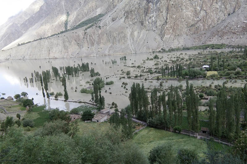 A view of Badswat village submerged by floodwaters after a glacial lake outburst in Gilgit-Baltistan province in Pakistan, 27 July 2018. Photo: Reuters
