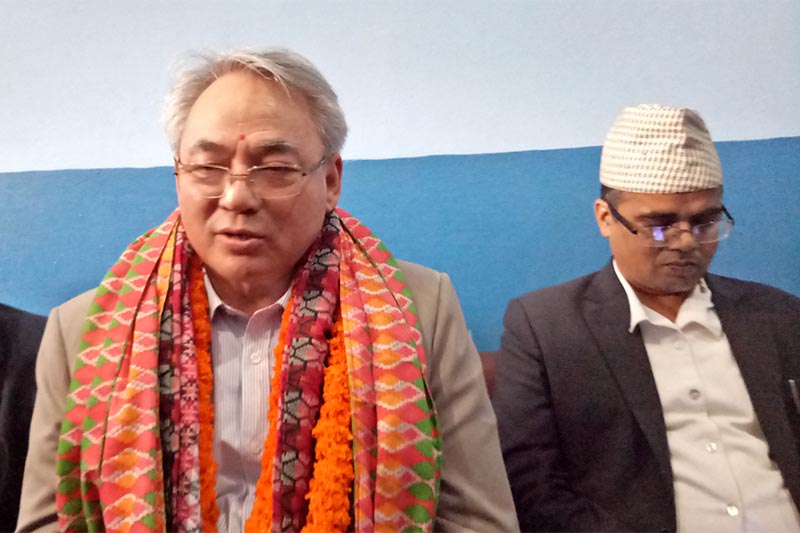 Minister for Home Affairs Ram Bahadur Thapa addresses a press meet jointly organised by Press Chautari and Press Centre Chitwan at Bharatpur Airport, in Chitwan district, on Friday, August 10, 2018. Photo: Tilak Ram Rimal/THT