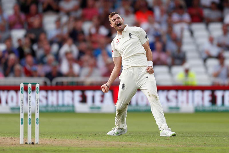 England's James Anderson celebrates taking the wicket of India's Hardik Pandya. Photo: Reuters