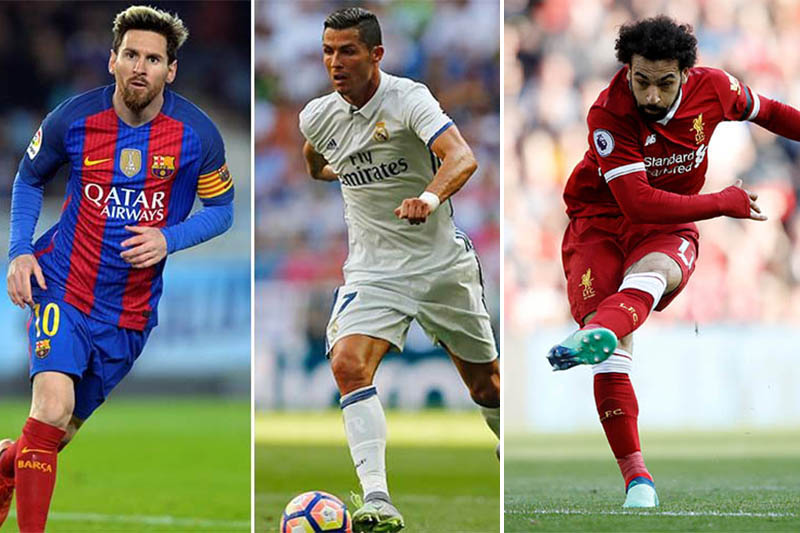 Barcelona striker Lionel Messi (left) Real Madrid's Cristiano Ronaldo (centre) and Liverpool forward Mohamed Salah. Photos: Reuters