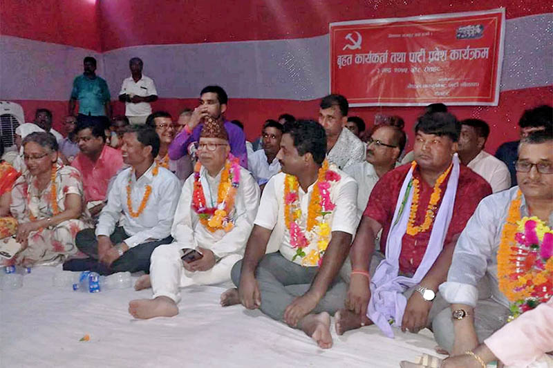 Nepal Communist Party (NCP) senior leader Madhav Kumar Nepal (third from left) attends mass cadre meet in Gaur of Rautahat district, on Sunday, August 19, 2018. Photo: Prabhat Kumar Jha