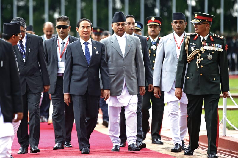 Myanmar President Win Myint walks upon his arrival for the fourth summit of the Bay of Bengal Initiative for Multi-Sectoral Technical and Economic Cooperation being held in Kathmandu on August 30 and 31 at Tribhuvan International Airport in Kathmandu on Tuesday, August 28, 2018. Photo: Skanda Gautam/THT