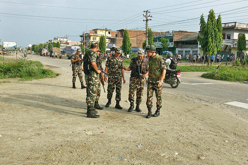 Nepal Army securing the site to dispose tiffin bomb in Rautahat district, on Tuesday, August 14, 2018. Photo: Prabhat Kumar Jha