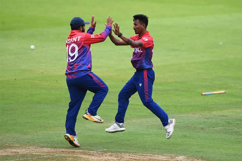 Sompal Kami (right) celebrates with teammate Basant Regmi after the team’s one-run victory over the Netherlands in their second One Day International match at the VRA Ground in Amstelveen, on Friday, August 3, 2018. Photo: ICC