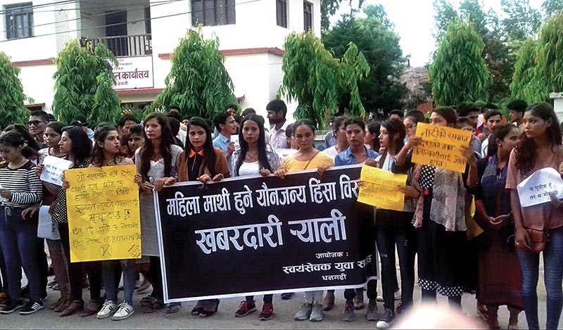 Girls taking out a rally with placards against the rape and murder of a girl, in Dhangadi, on Saturday. Photo: THT