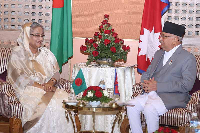 Prime Minister KP Sharma Oli and Prime Minister of the People's Republic of Bangladesh Sheikh Hasina holding a bilateral meeting prior to the BIMSTEC summit, in Kathmandu, on Thursday, August 30, 2018. Photo: RSS