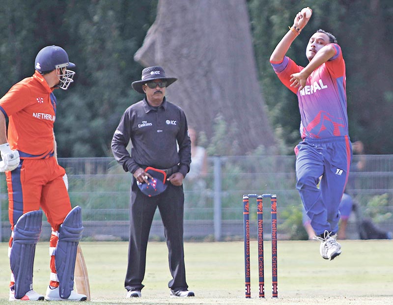 Nepal skipper Paras Khadka bowls against the Netherlands during their first ODI match at the VRA Ground in Amstelveen on Wednesday, August 1, 2018. Photo courtesy: cricketingnepal