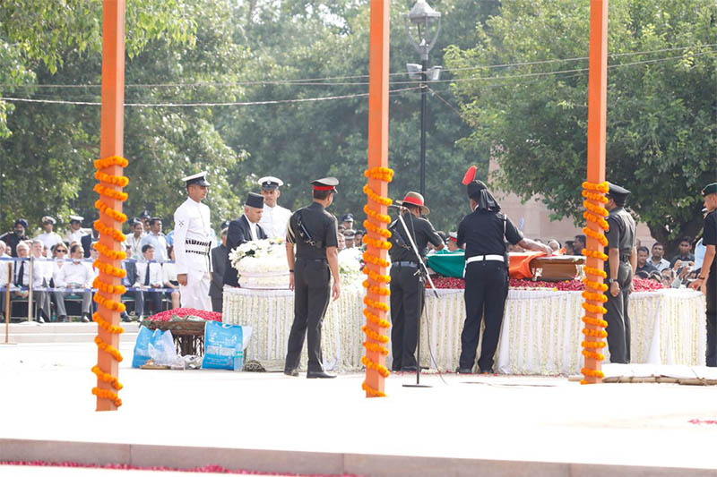 Foreign Minister Pradeep Gyawali pays tribute to late former India Prime Minister Atal Bihari Vajpayee at Smriti Sthal in New Dehli on Friday, August 17, 2018. Courtesy: Hari Odari/Twitter