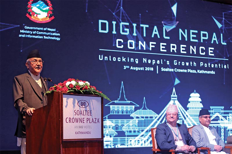 Prime Minister KP Sharma Oli addressing a conference on information technology in Kathmandu, on Friday, August 3, 2018. Photo: RSS
