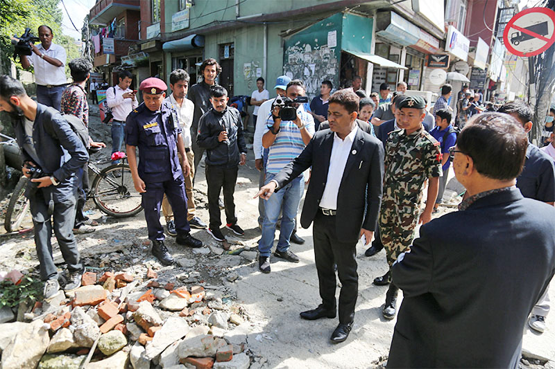 Minister for Physical Infrastructure and Transport Raghubir Mahaseth inspecting Chabahil-Sankhu road section in Kathmandu, on Thursday, August 09, 2018. Photo: RSS