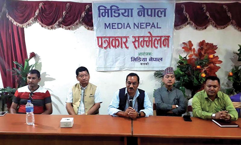 Rastriya Prajatantra Party Chair Kamal Thapa speaking at a press meet, in Pokhara, on Saturday. Photo: THT