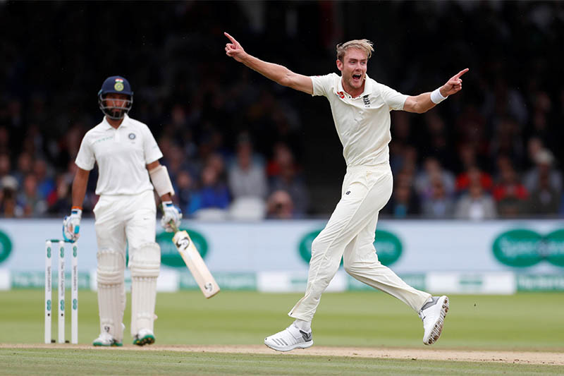 England's Stuart Broad appeals unsuccessfully for the wicket of India's Cheteshwar Pujara. Photo: Reuters
