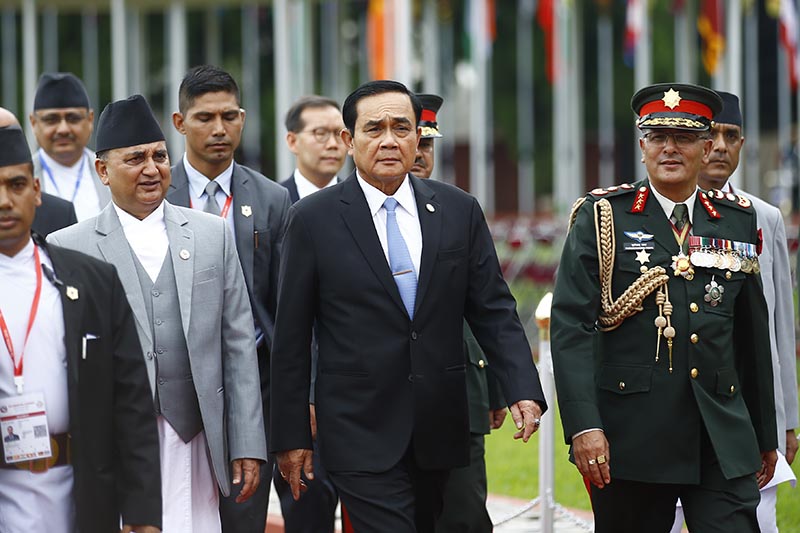 Thailand's Prime Minister Prayut Chan-o-cha walks upon his arrival at Tribhuvan International Airport to attend the Bay of Bengal Initiative for Multi-Sectoral Technical and Economic Cooperation (BIMSTEC) summit in Kathmandu, on Thursday, August 30, 2018. Photo: Skanda Gautam/THT