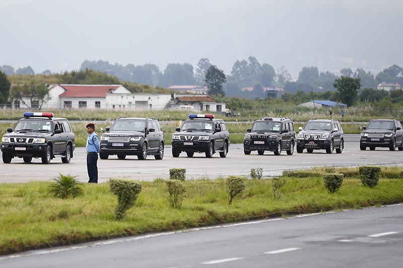 Security vehicles escort India's Prime Minister Narendra Modi upon his arrival at Tribhuvan International Airport to attend the Bay of Bengal Initiative for Multi-Sectoral Technical and Economic Cooperation (BIMSTEC) summit in Kathmandu, on Thursday, August 30, 2018. Photo: Skanda Gautam/THT